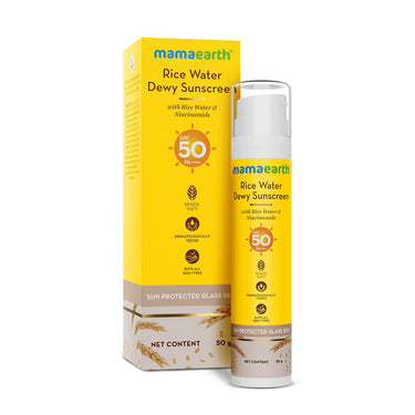 Mamaearth Rice Water Dewy Sunscreen with Rice Water & Niacinamide | Gives SPF50 & PA++++ Protection | For Glass Skin Glow | Evens Skin Tone | UVA & UVB Protection | No White Cast | For All Skin Types | 50 g